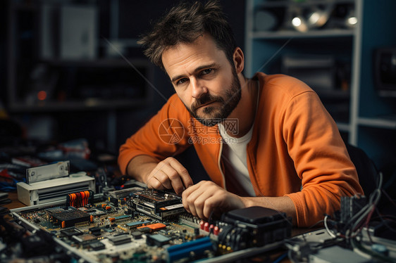 维修损坏电脑主板的技术人员图片