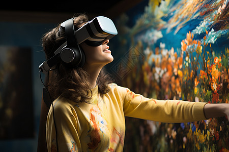 女孩画像VR眼镜中的艺术画像背景