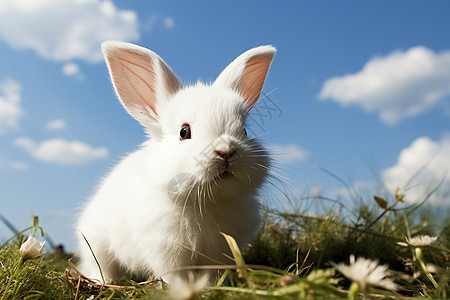 草地上的白兔和蓝天高清图片