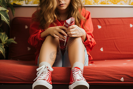 沙发上红色布鞋的女孩图片