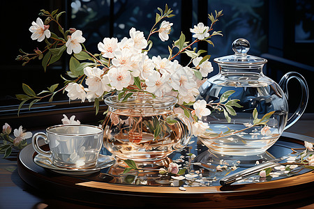 古典茶具鲜花旁的茶具插画