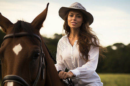 夏季马场中骑马的美丽女子图片