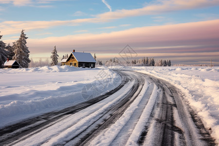 冬季白雪覆盖的乡村道路景观图片