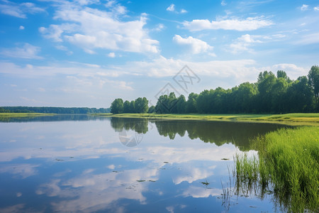 夏季乡村森林湖泊的美丽景观图片