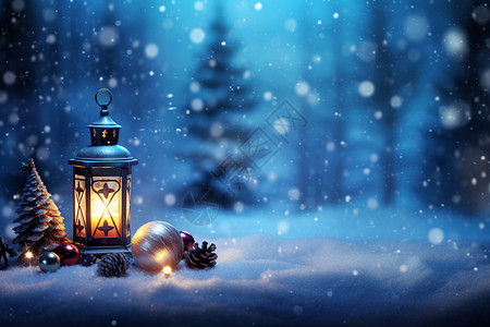 雪中嫩芽夜晚雪地中的圣诞节装饰设计图片