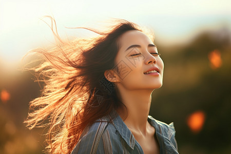 风吹长发的惬意女子背景