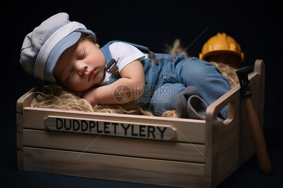 带着帽子的宝宝在木箱里睡觉图片