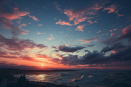日落倒映在海面上图片