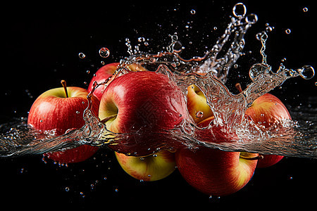 红彤彤的苹果在清澈水中飞溅图片