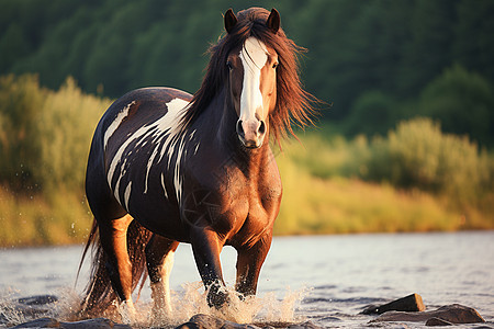 马在河水边的草坪上静立图片