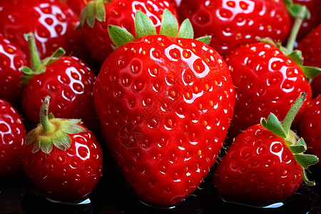 诱人多汁的草莓，黑色背景上的水滴落在桌子上图片