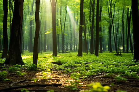 阳光穿过树林映照林间小径图片