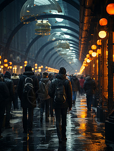 雨中行走的人一群人在湿漉漉的人行道上背景