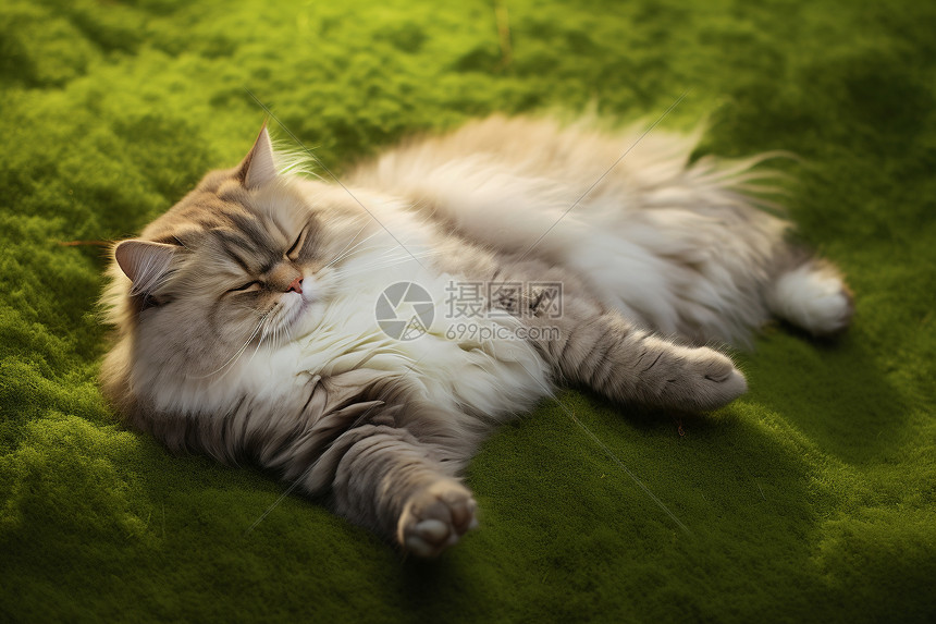 绿草坪上躺着一只肥猫图片