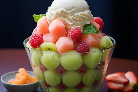 美味冰淇淋和水果图片