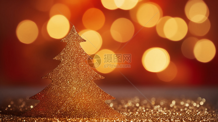 灯光下的金色圣诞树图片