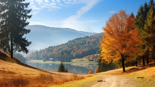 山色秋日的湖畔小路背景