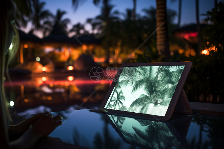 夜晚的度假酒店使用平板电脑图片