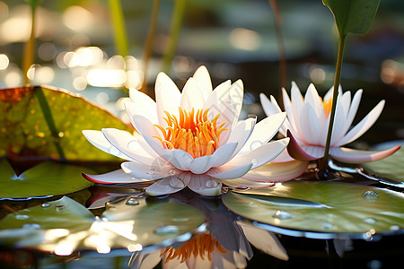 池塘上漂浮的白色莲花图片