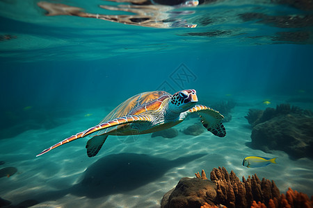 海龟与鱼儿共游海底背景图片