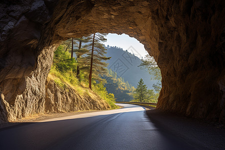 隧道行车山中隧道下的林间小路背景