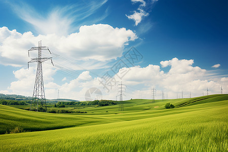 电力塔耸立在田地中的电网背景