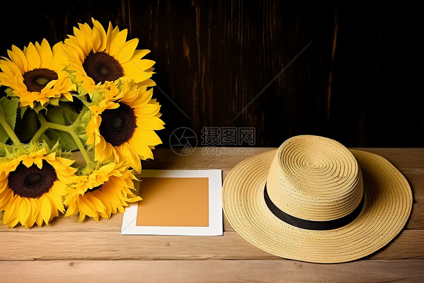 木桌上的草帽和向日葵图片