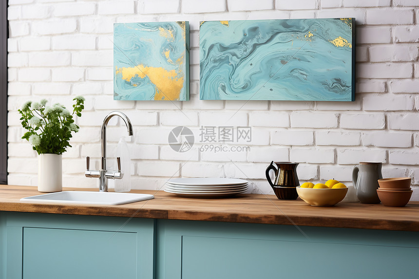 砖墙油画装饰厨房图片