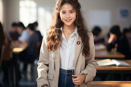 教室中开朗的女学生图片