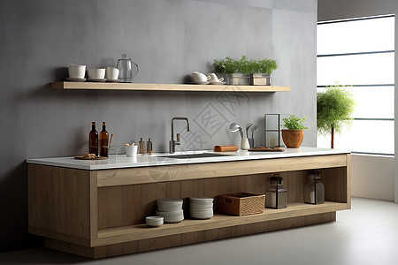 简约时尚的厨房木质家具图片