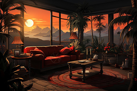 夕阳下复古的客厅装潢图片
