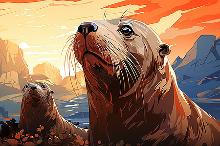 夕阳下可爱的海狮插图图片