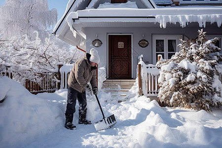 冬季雪后院子中除雪的男子图片