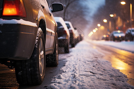 冬季夜晚停靠在路边的汽车图片