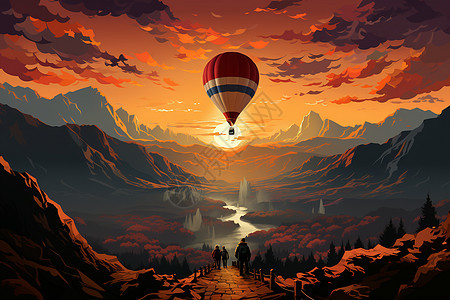 山间空中漂浮的热气球图片
