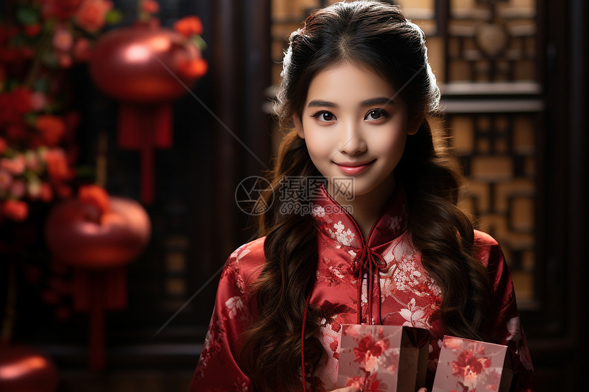 中式春节穿搭的小女孩图片