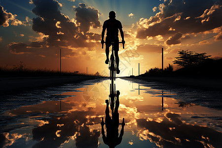 一个男人骑着自行车沿街而行图片