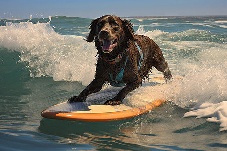 海洋中冲浪的小狗高清图片