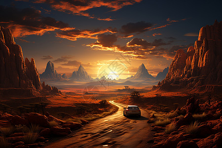 沙漠山脉中行驶的汽车图片