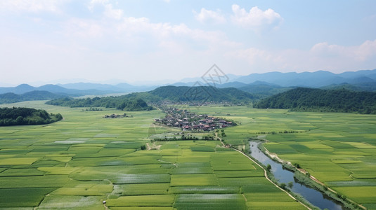 稻田航拍航拍的村庄和田地背景