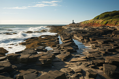 海岸边的岩石和灯塔图片