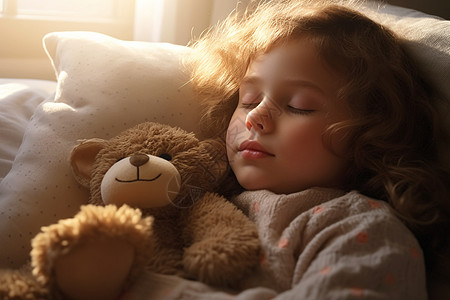 小熊抱爱心抱着玩偶睡觉的儿童背景