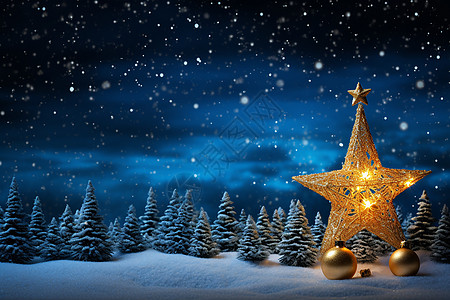 夜晚的圣诞饰品和松树高清图片