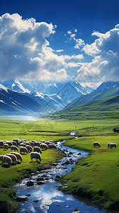 绵羊和美分草原中的羊群和河流背景
