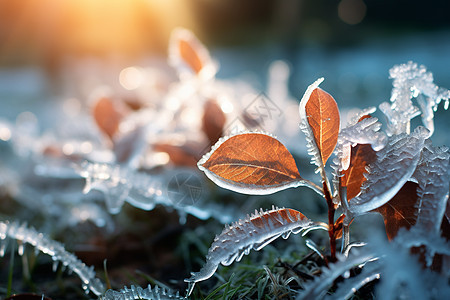 冬日晨霜中的绿色花叶图片