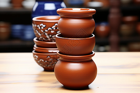 陶瓷罐套装摆放在木桌上图片
