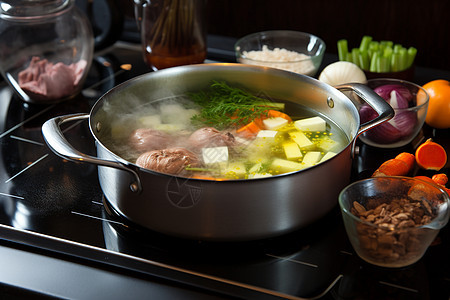一碗美味的汤在炉灶上煮沸图片
