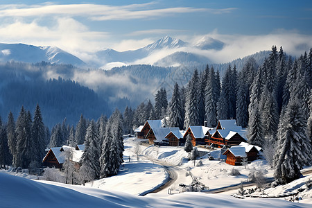 森林大雪冬日的雪山木屋背景