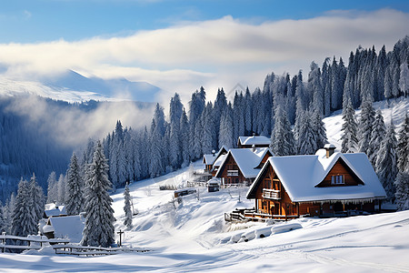 冬日山居森林雪景高清图片