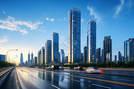 车 路摩天大楼和高速公路背景